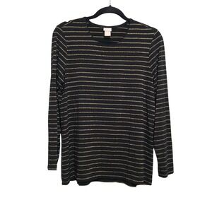Chico's‎ Women's Black Long Sleeve Top Gold Metallic Striped Size 2 L